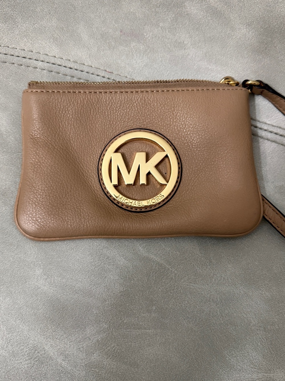Michael Kors Brown Leather Wristlet with Gold MK Emblem